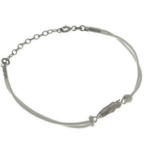 Bransoletka srebrna biały sznurek, piórko 925