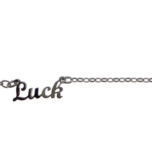 Bransoletka srebrna rodowana  na nogę z napisem LUCK 925