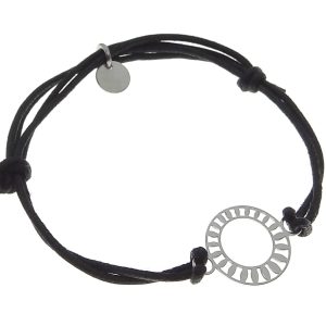 Bransoletka srebrna czarny sznurek, ażurowe kółko