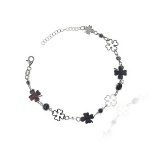 Bransoletka srebrna - koniczynki, czarny onyx 925