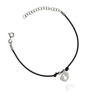 Bransoletka srebrna czarny sznurek, stópki 925