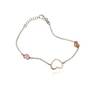 Bransoletka srebrna z pozłacanymi sercami rose gold 925