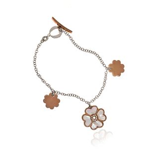 Bransoletka srebrna pozłacane koniczynki rose gold, masa perłowa 925