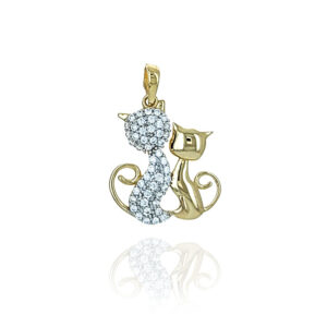 Zawieszka złota kot, koty biała cyrkonia 585