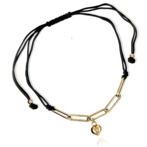 Bransoletka złota regulowana czarny sznurek – serce, ogniwa 585