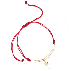 Bransoletka złota regulowana czerwony sznurek – serce, ogniwa 585