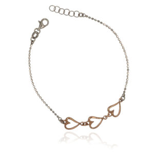 Bransoletka srebrna, pozłacane serca rose gold 925