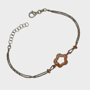 Bransoletka srebrna podwójna pozłacany kwiat, cyrkonie rose gold 925